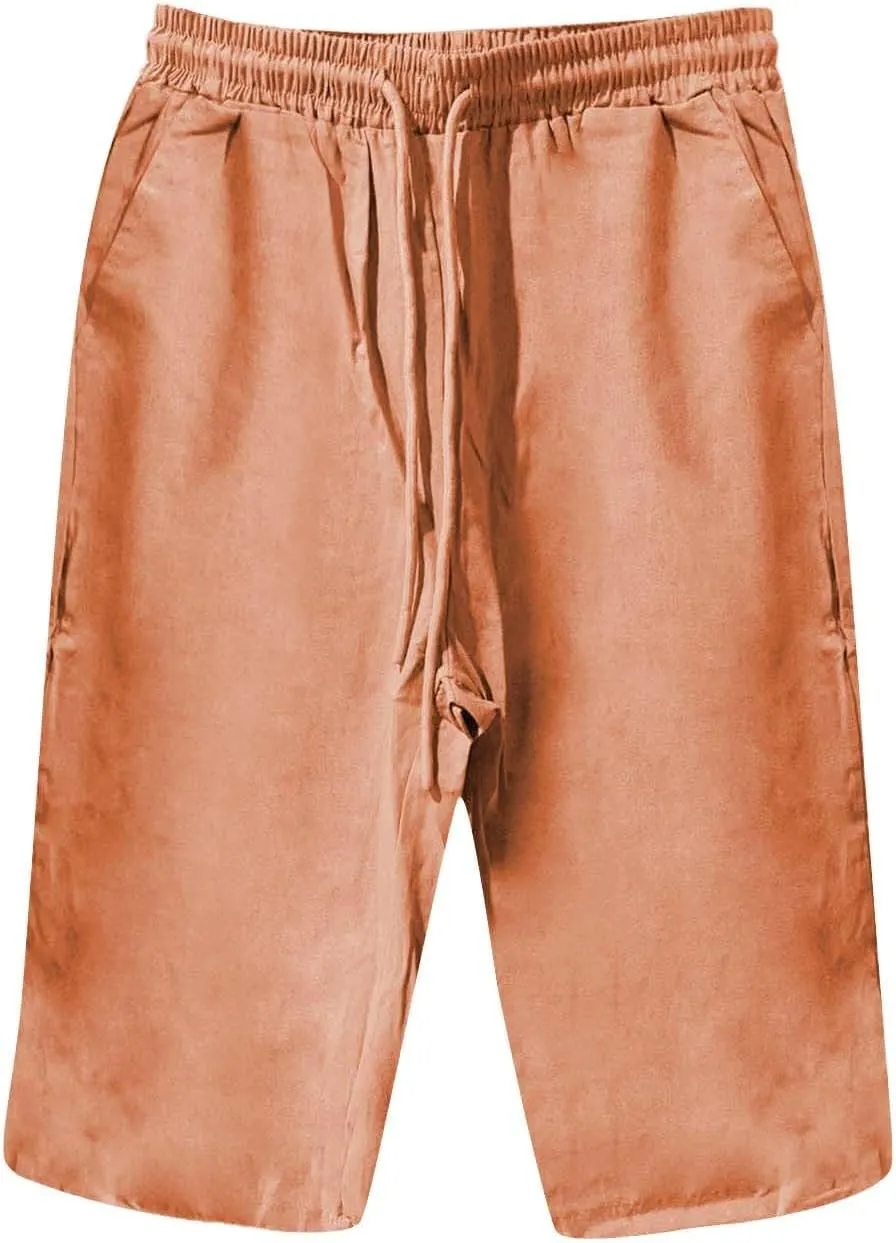 Womens Summer Mix Cotton Linen Palazzo Pants Drawstring Casual Solid Color Shorts Casual Beach Long Pants