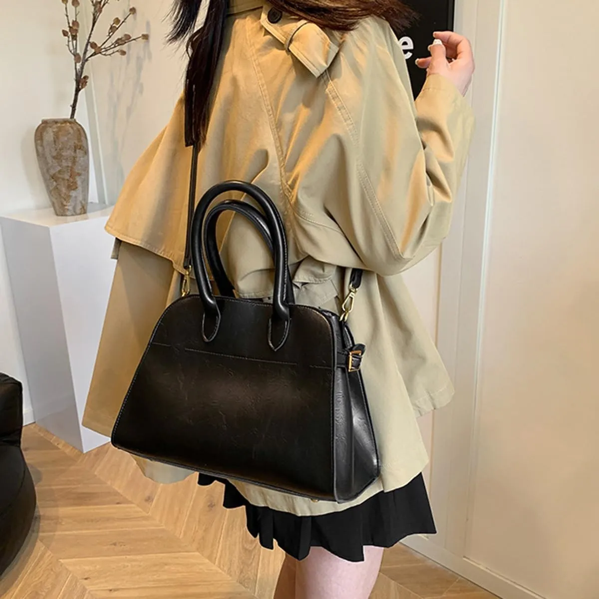 Womens Tote Bag Faux Leather Top Handle Bag Retro Shoulder Satchel with Straps for Women(Black)
