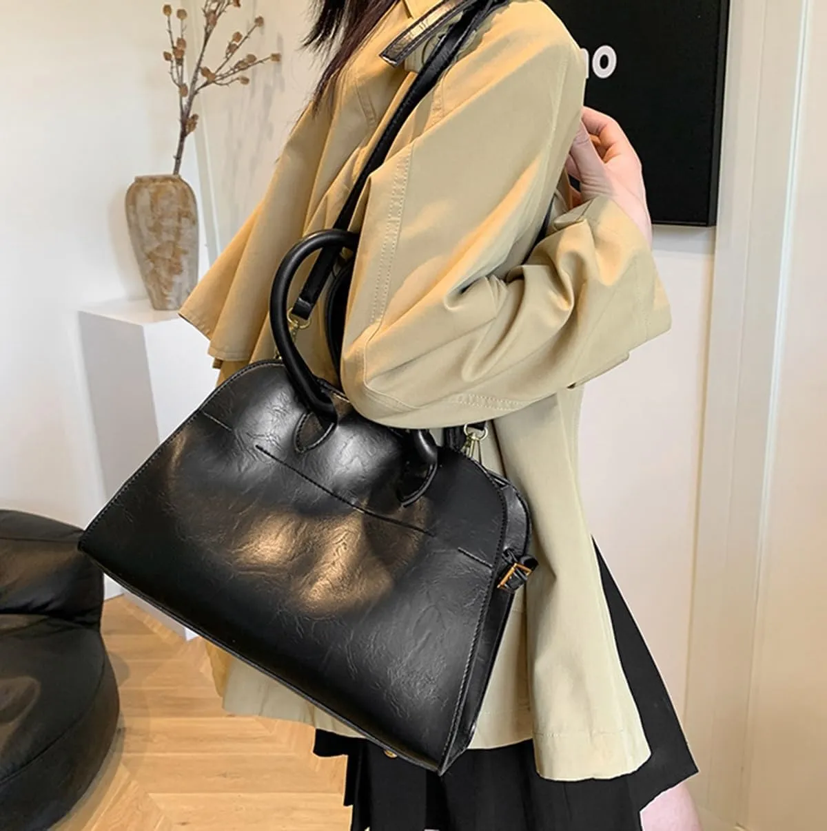 Womens Tote Bag Faux Leather Top Handle Bag Retro Shoulder Satchel with Straps for Women(Black)