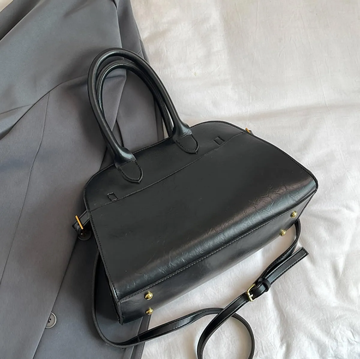 Womens Tote Bag Faux Leather Top Handle Bag Retro Shoulder Satchel with Straps for Women(Black)