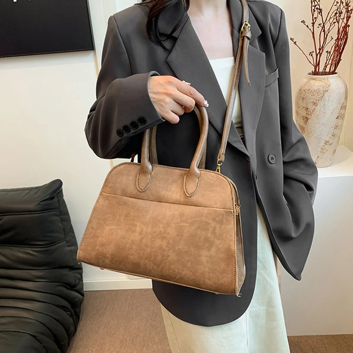 Womens Tote Bag Faux Leather Top Handle Bag Retro Shoulder Satchel with Straps for Women(Khaki)