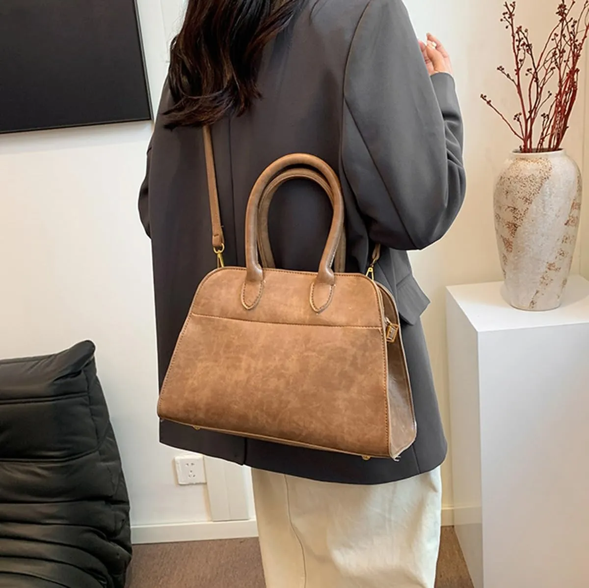 Womens Tote Bag Faux Leather Top Handle Bag Retro Shoulder Satchel with Straps for Women(Khaki)