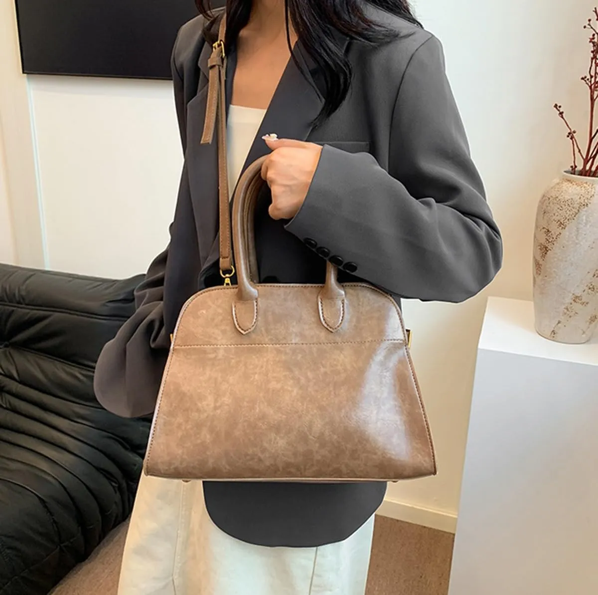 Womens Tote Bag Faux Leather Top Handle Bag Retro Shoulder Satchel with Straps for Women(Khaki)