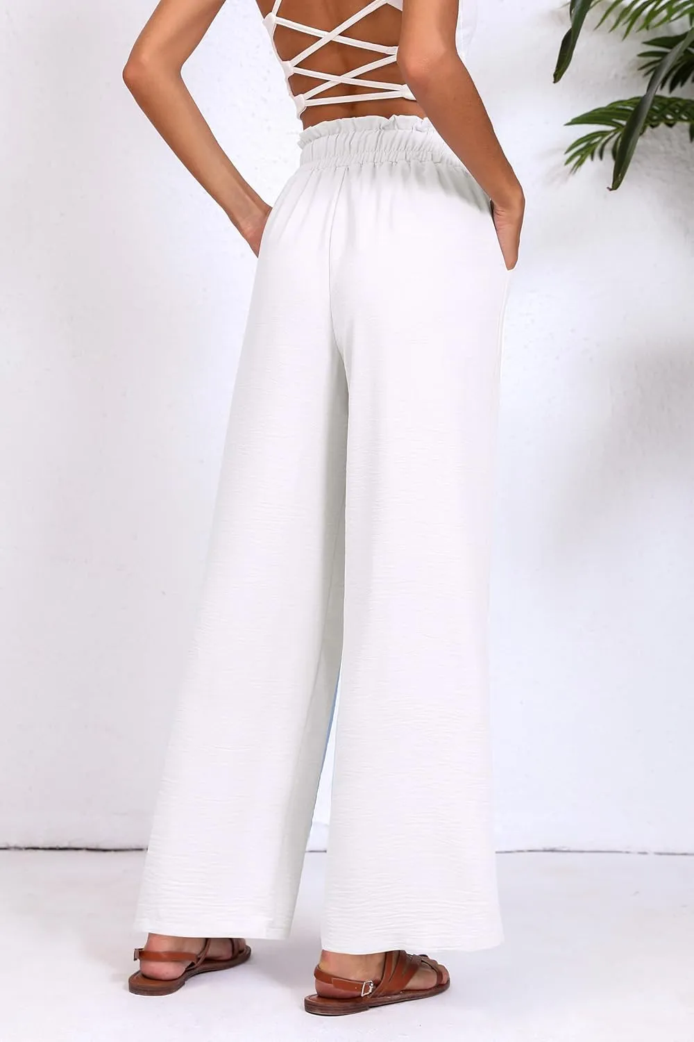 Womens Wide Leg Casual Pants with Pockets Loose Flowy High Waisted Lounge Trousers