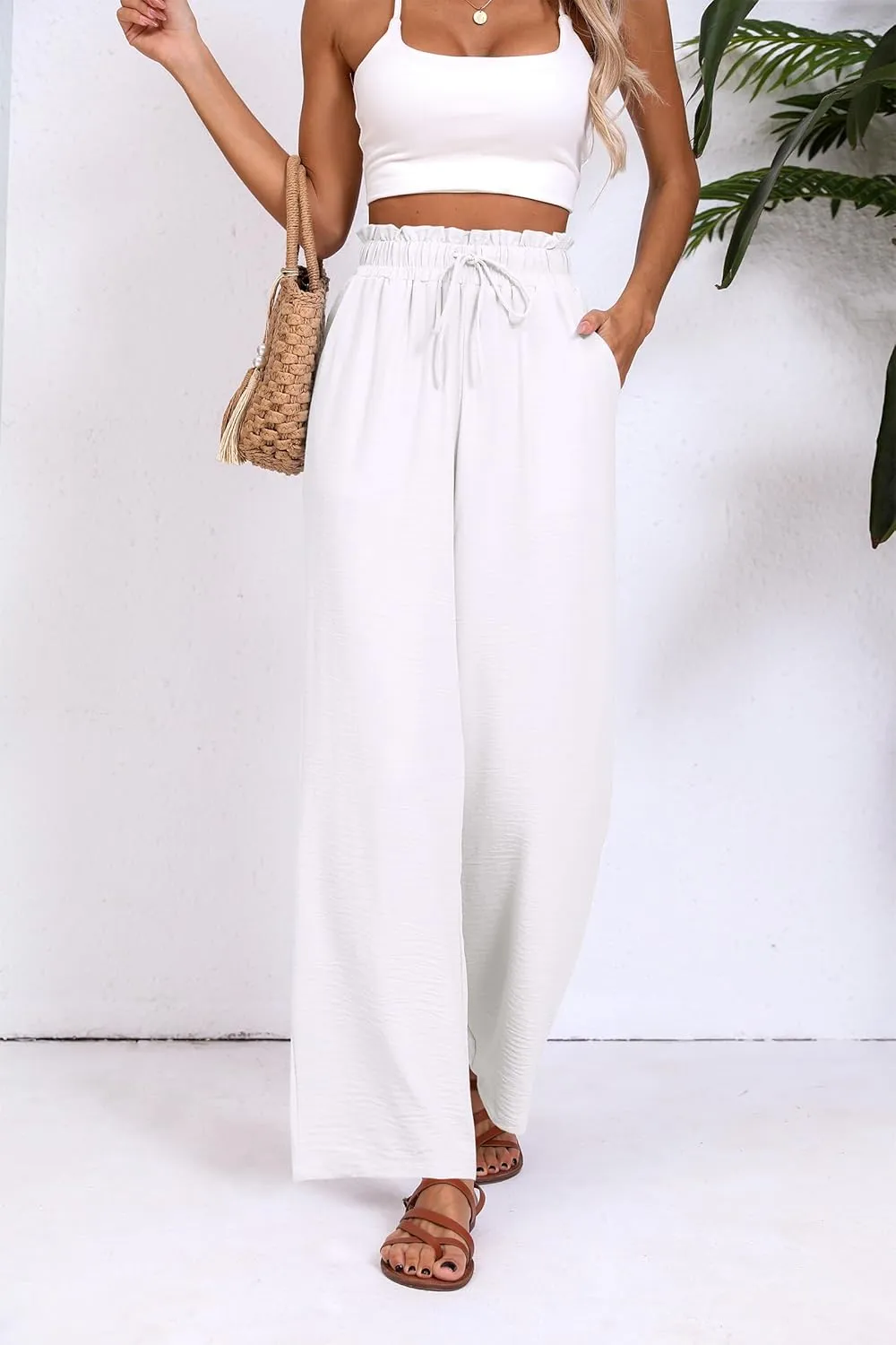 Womens Wide Leg Casual Pants with Pockets Loose Flowy High Waisted Lounge Trousers