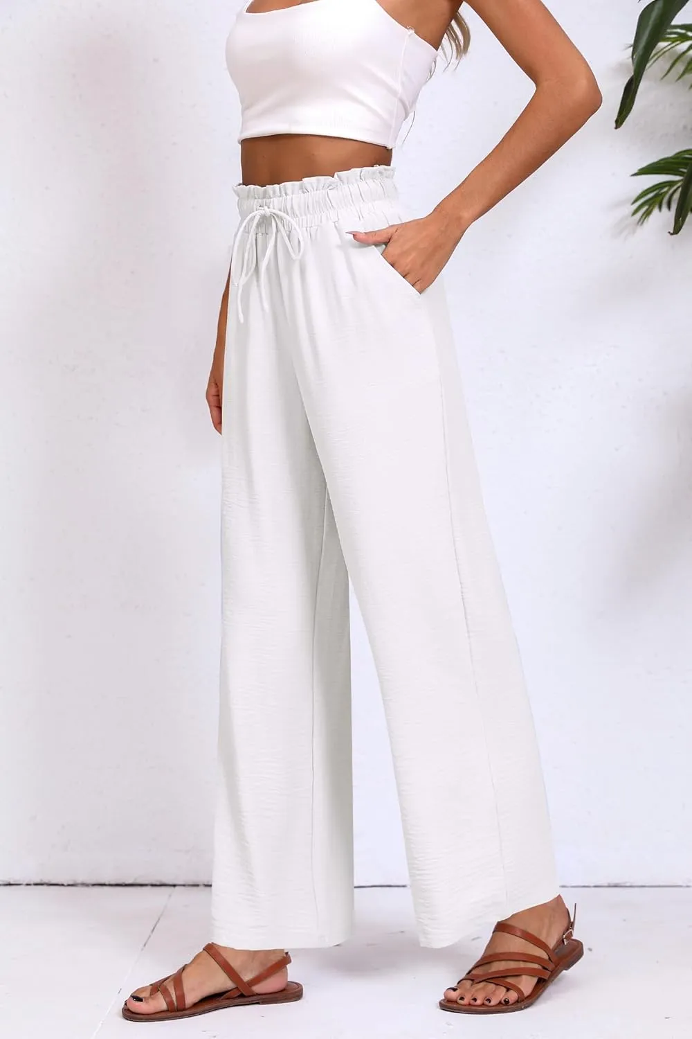 Womens Wide Leg Casual Pants with Pockets Loose Flowy High Waisted Lounge Trousers