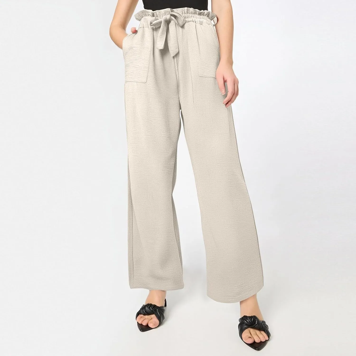 Women's Wide Leg Linen Pants Summer Baggy Business Casual Pants High Waist Adjustable Tie Knot Trousers with Pockets