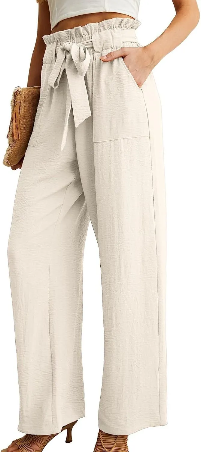 Women's Wide Leg Linen Pants Summer Baggy Business Casual Pants High Waist Adjustable Tie Knot Trousers with Pockets
