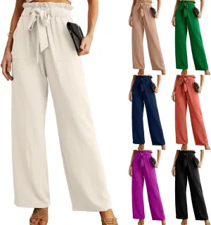 Women's Wide Leg Linen Pants Summer Baggy Business Casual Pants High Waist Adjustable Tie Knot Trousers with Pockets