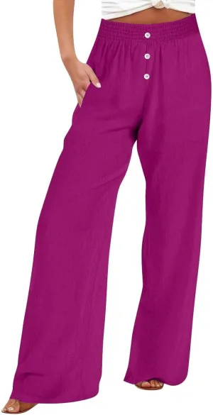 Womens Wide Leg Palazzo Pants Cotton-Linen High Waisted Button Trousers Summer Casual Long Lounge Pant