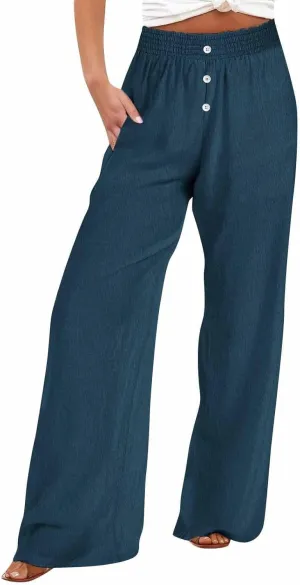 Womens Wide Leg Palazzo Pants Cotton-Linen High Waisted Button Trousers Summer Casual Long Lounge Pant