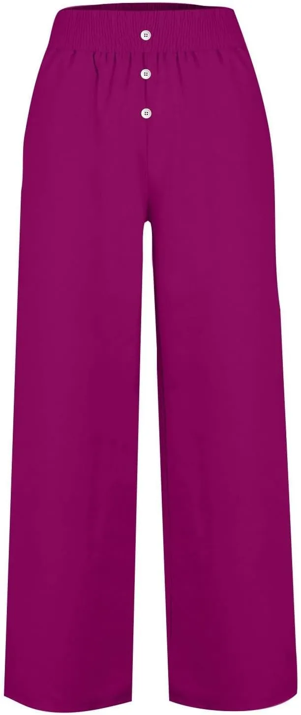 Womens Wide Leg Palazzo Pants Cotton-Linen High Waisted Button Trousers Summer Casual Long Lounge Pant