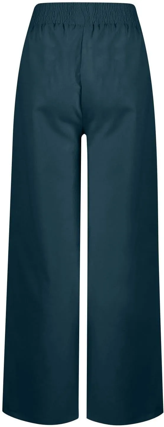 Womens Wide Leg Palazzo Pants Cotton-Linen High Waisted Button Trousers Summer Casual Long Lounge Pant