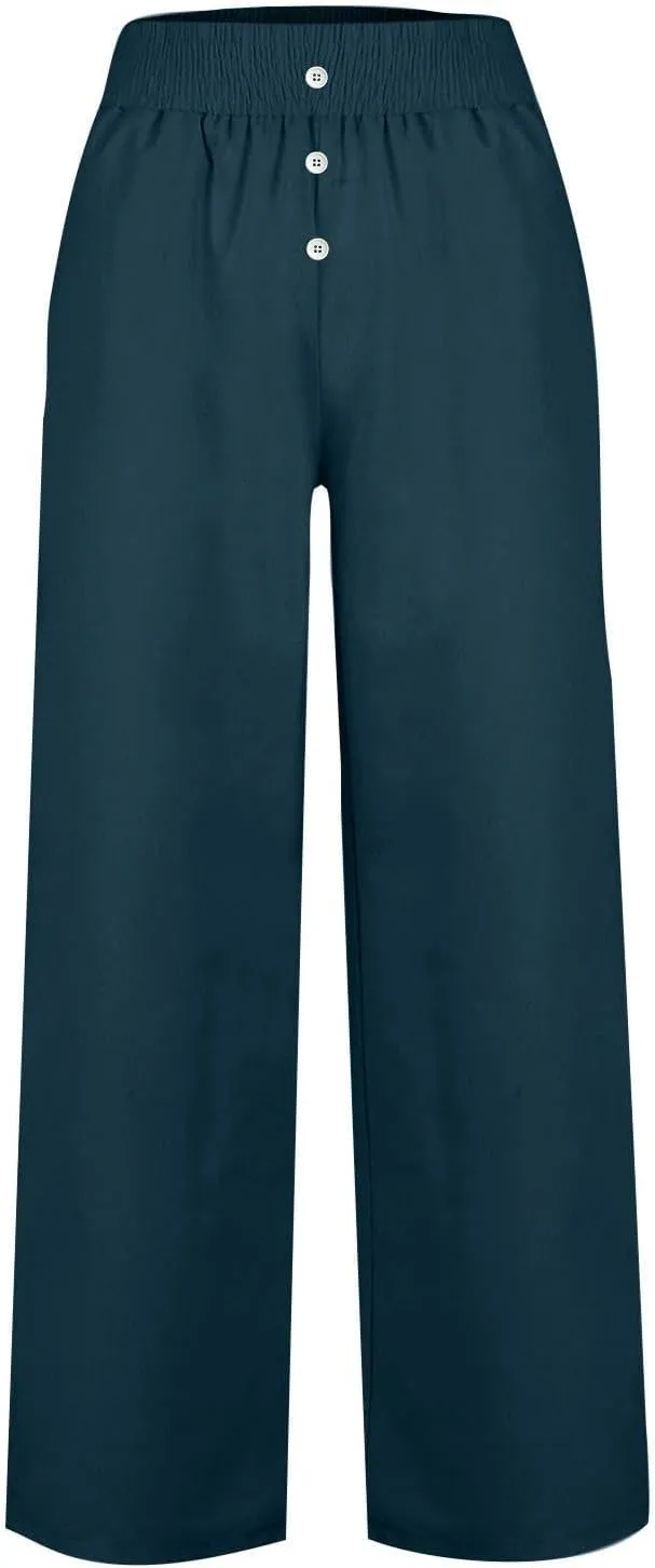 Womens Wide Leg Palazzo Pants Cotton-Linen High Waisted Button Trousers Summer Casual Long Lounge Pant