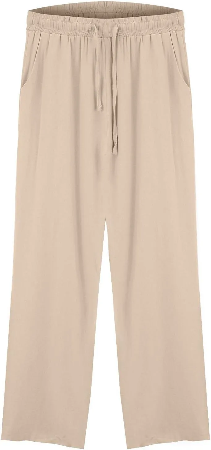 Womens Wide Leg Pants Solid Cotton Linen Drawstring Elastic High Waist Pant Baggy Summer Trousers with Pockets
