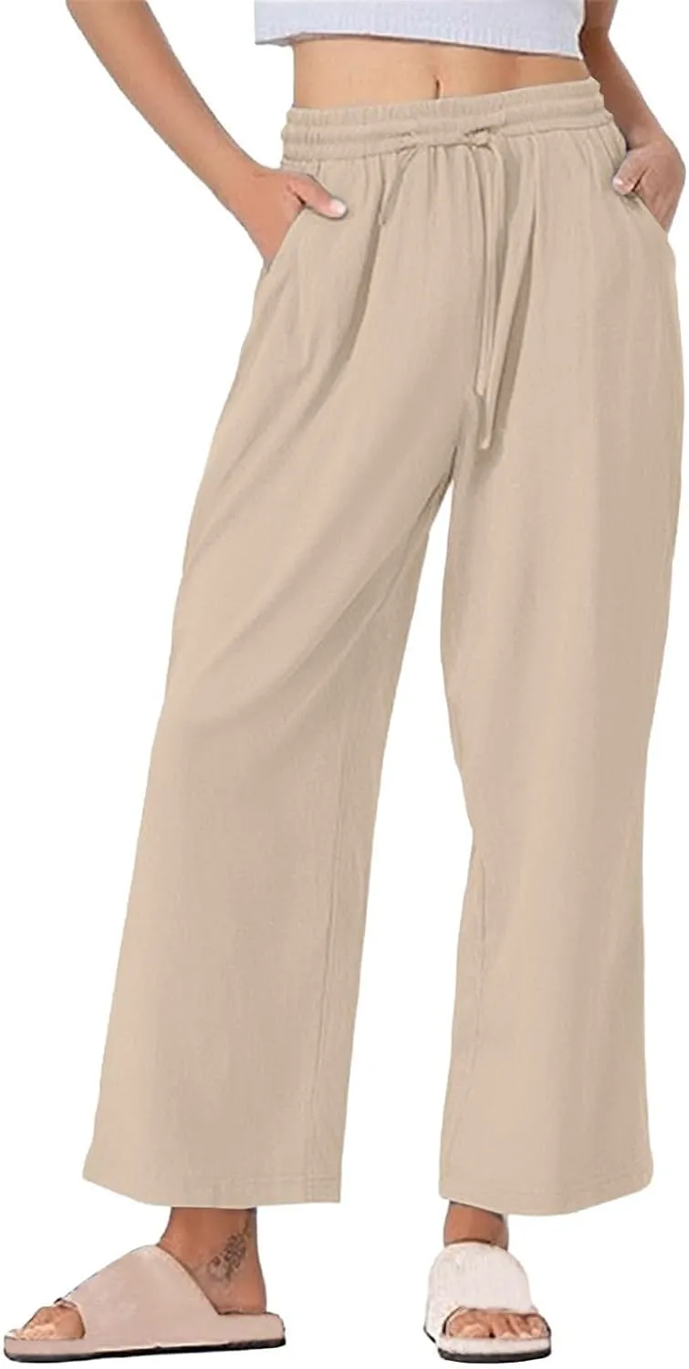 Womens Wide Leg Pants Solid Cotton Linen Drawstring Elastic High Waist Pant Baggy Summer Trousers with Pockets