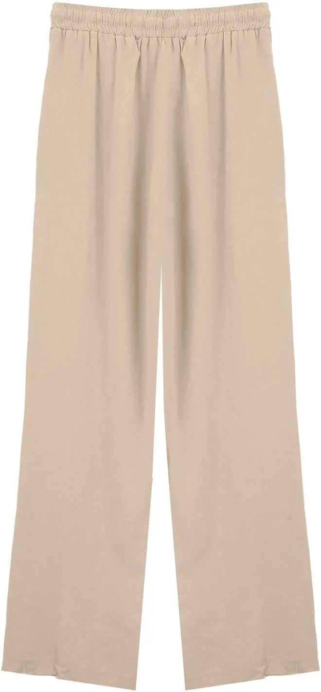 Womens Wide Leg Pants Solid Cotton Linen Drawstring Elastic High Waist Pant Baggy Summer Trousers with Pockets