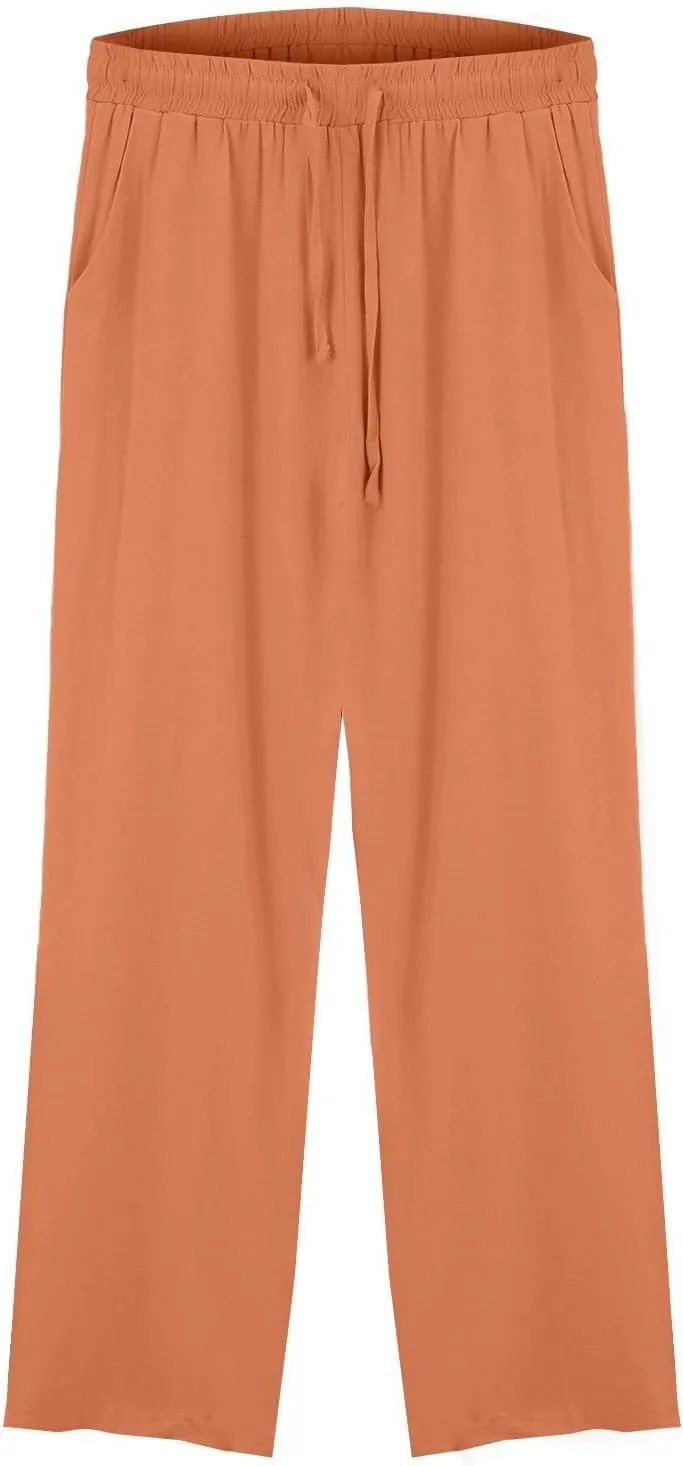 Womens Wide Leg Pants Solid Cotton Linen Drawstring Elastic High Waist Pant Baggy Summer Trousers with Pockets