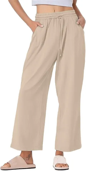 Womens Wide Leg Pants Solid Cotton Linen Drawstring Elastic High Waist Pant Baggy Summer Trousers with Pockets