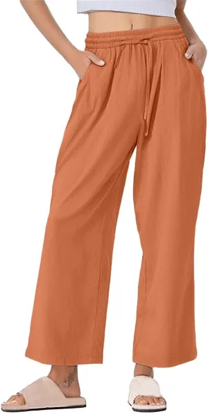 Womens Wide Leg Pants Solid Cotton Linen Drawstring Elastic High Waist Pant Baggy Summer Trousers with Pockets