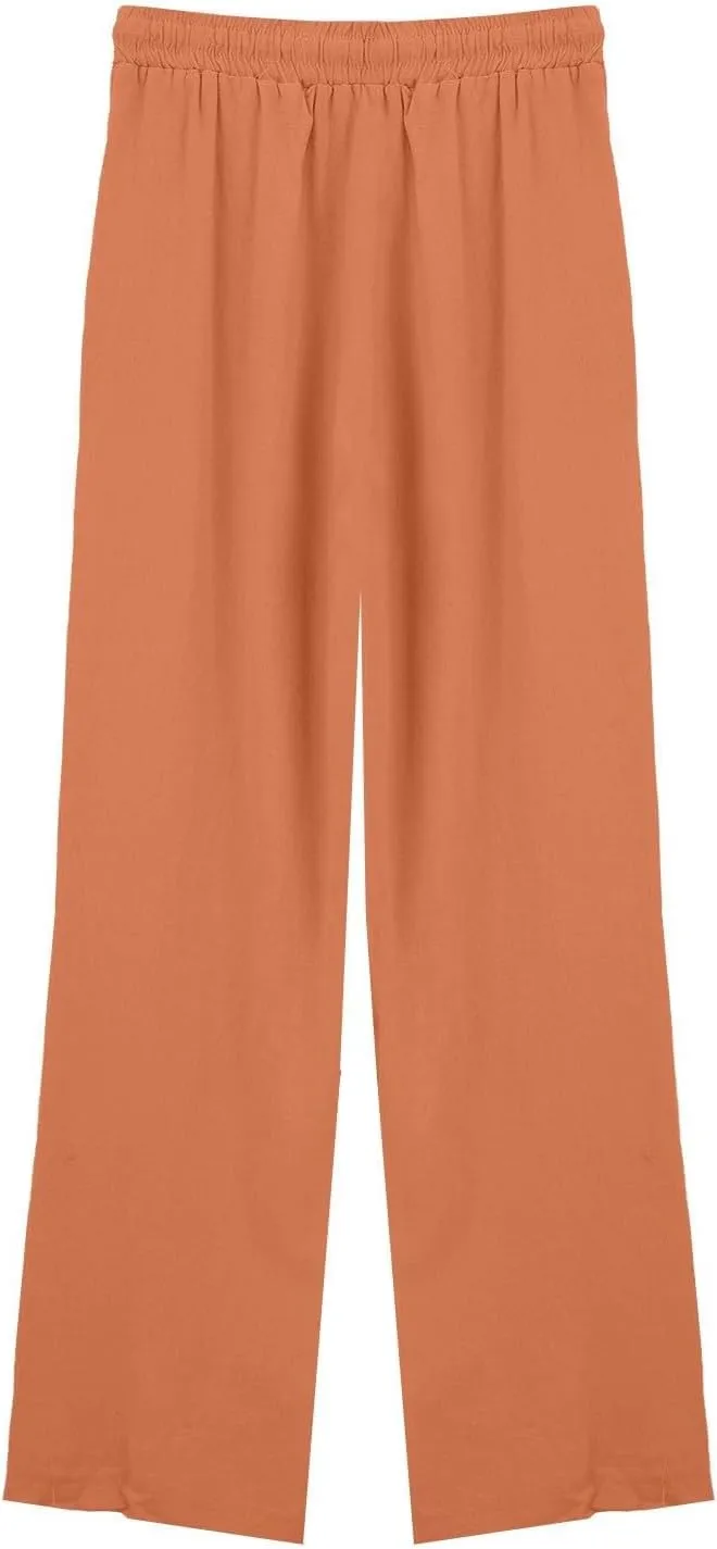 Womens Wide Leg Pants Solid Cotton Linen Drawstring Elastic High Waist Pant Baggy Summer Trousers with Pockets