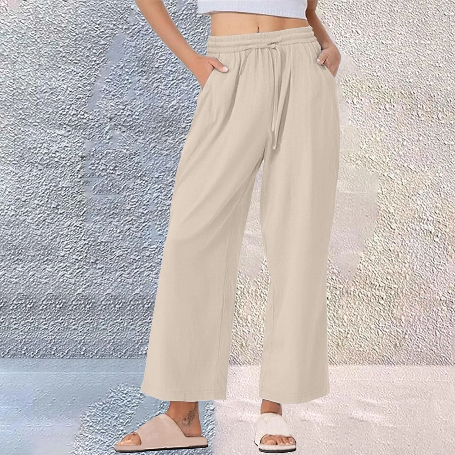 Womens Wide Leg Pants Solid Cotton Linen Drawstring Elastic High Waist Pant Baggy Summer Trousers with Pockets