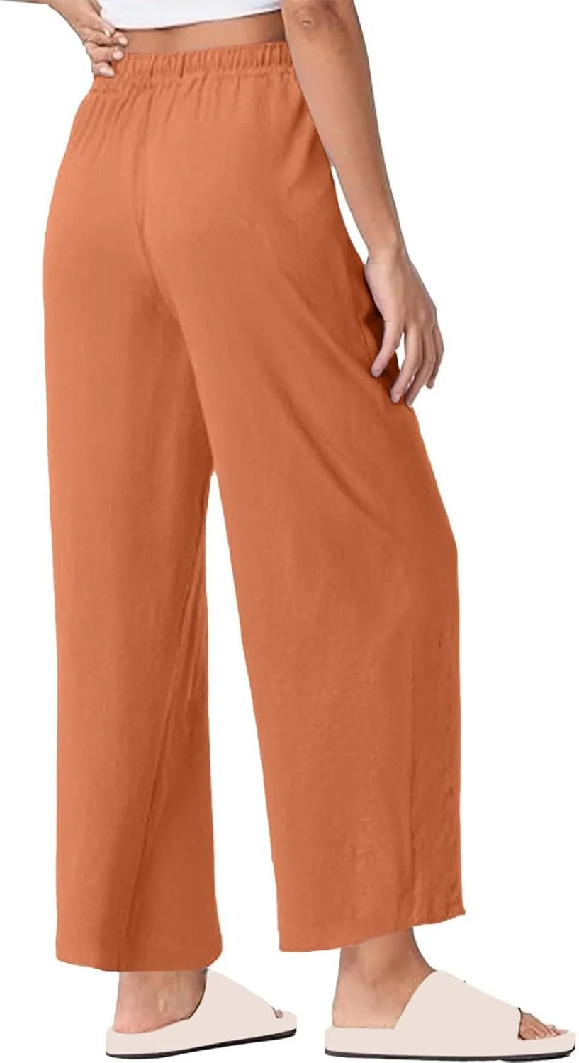 Womens Wide Leg Pants Solid Cotton Linen Drawstring Elastic High Waist Pant Baggy Summer Trousers with Pockets