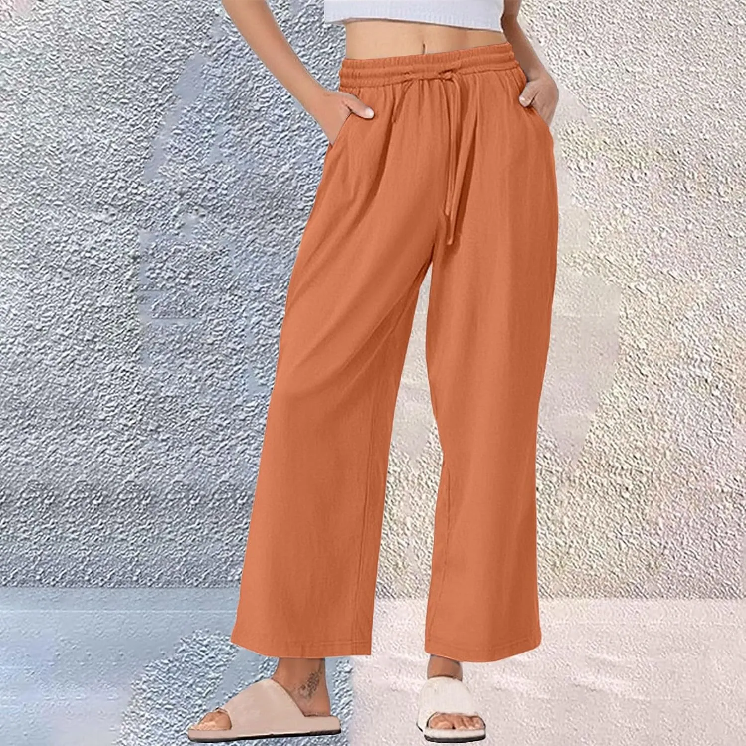 Womens Wide Leg Pants Solid Cotton Linen Drawstring Elastic High Waist Pant Baggy Summer Trousers with Pockets