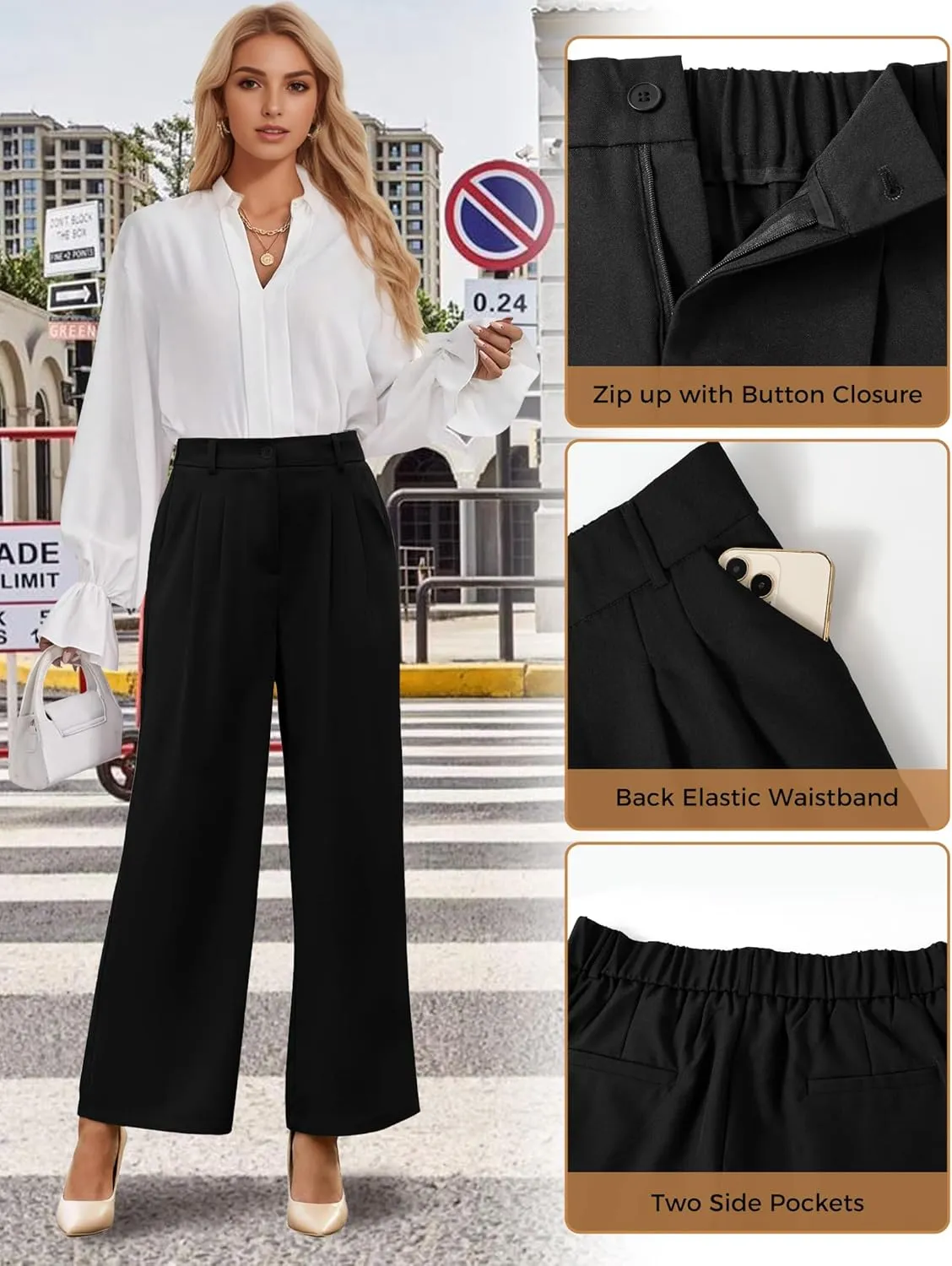 Women's Wide Straight Leg Pants in The Back Business Work Long Casual Pants