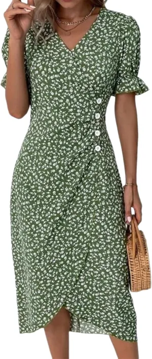 Womens Wrap V Neck Puff Short Sleeve A Line Dresses Causal Boho Floral Print Midi Sundress Summer Beach Dresses