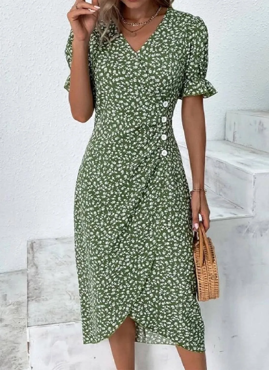 Womens Wrap V Neck Puff Short Sleeve A Line Dresses Causal Boho Floral Print Midi Sundress Summer Beach Dresses