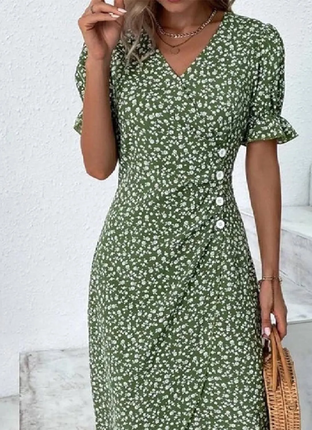 Womens Wrap V Neck Puff Short Sleeve A Line Dresses Causal Boho Floral Print Midi Sundress Summer Beach Dresses