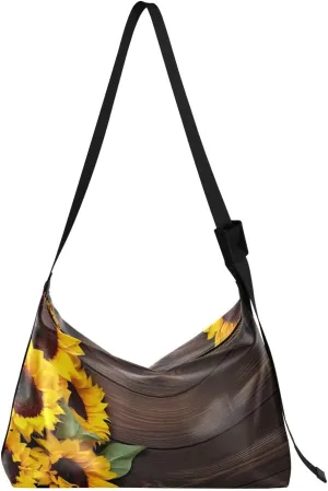 Wooden Sunflowers Tote Bag for Women Large Hobo Bags Crossbody Tote Bags Shopping Work Bag with Adjustable Strap for Men