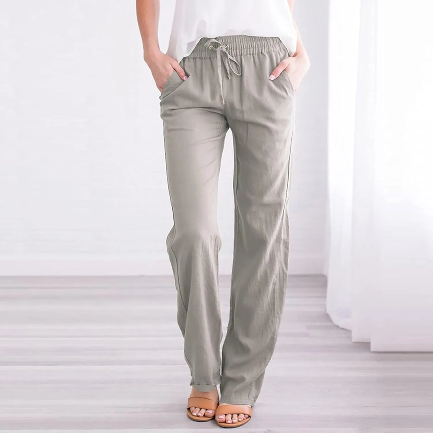 XUNRYAN Linen Pants Women Summer Drawstring Elastic High Waist Wide Leg Loose Fit Trousers Palazzo Lounge Pants w Pockets