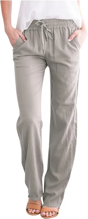 XUNRYAN Linen Pants Women Summer Drawstring Elastic High Waist Wide Leg Loose Fit Trousers Palazzo Lounge Pants w Pockets
