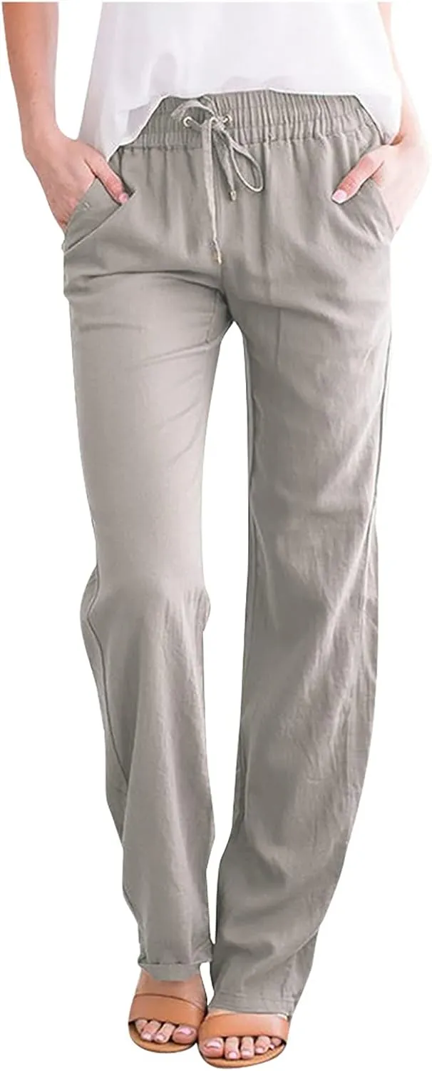 XUNRYAN Linen Pants Women Summer Drawstring Elastic High Waist Wide Leg Loose Fit Trousers Palazzo Lounge Pants w Pockets
