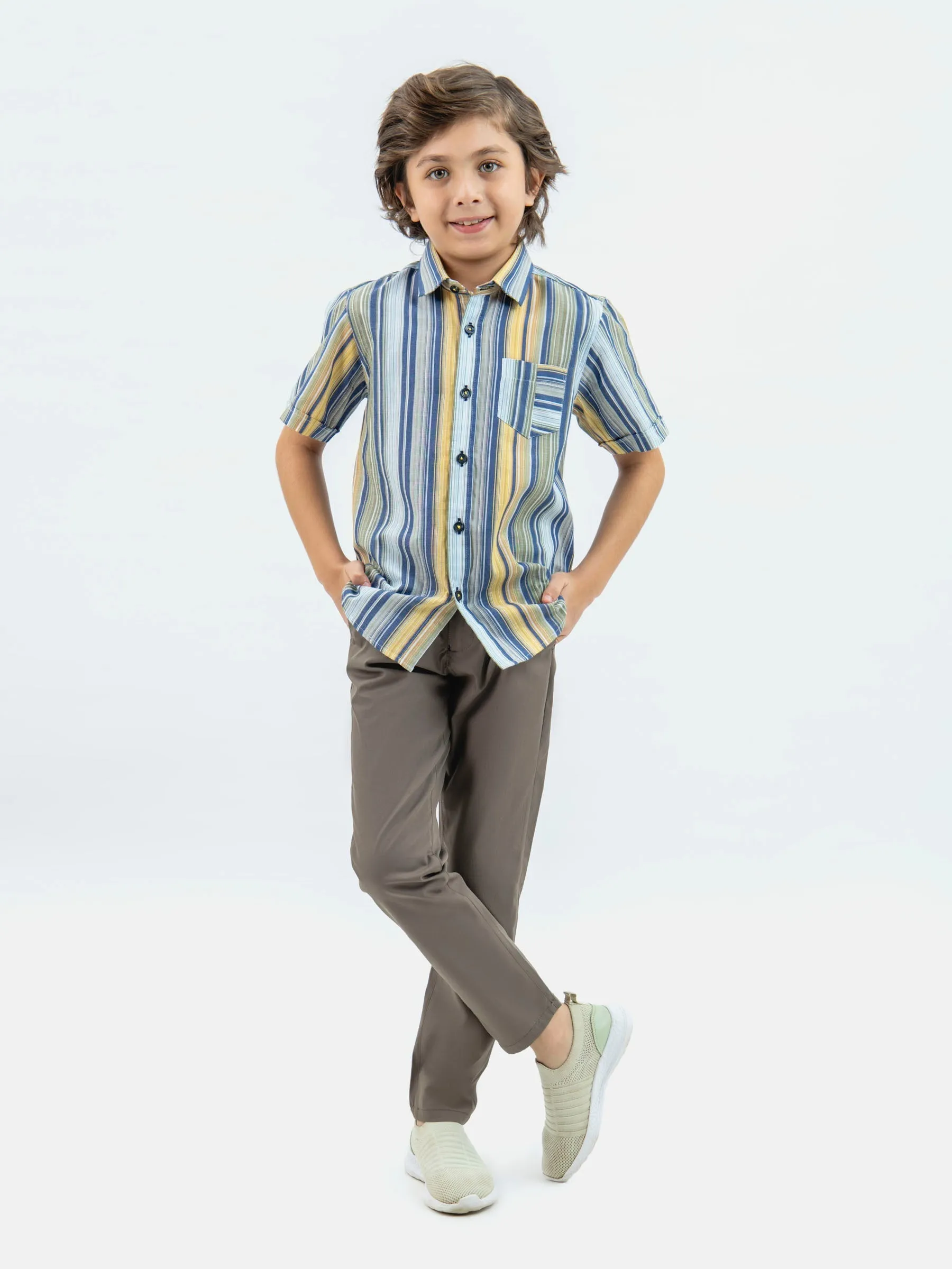 Yellow & Blue Striped Half Sleeve Casual Shirt