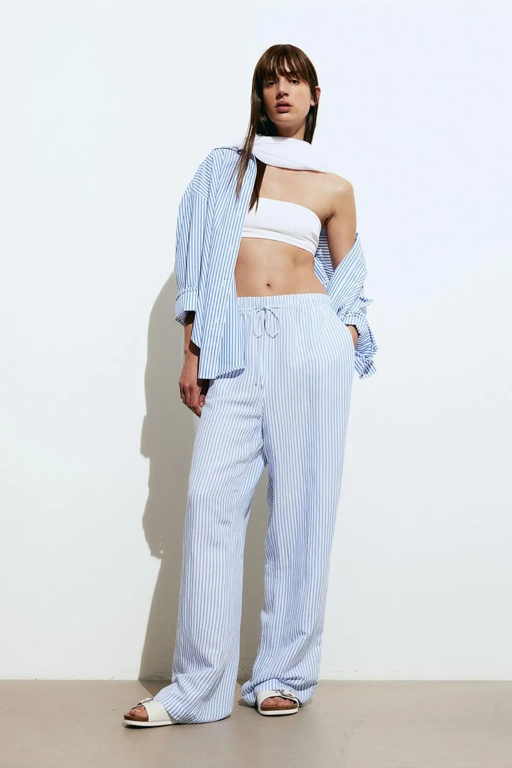 yoeasy Women's Striped Elastic Waist Drawstring Wide Leg Pants Pinstripe High Waisted Pockets Trousers