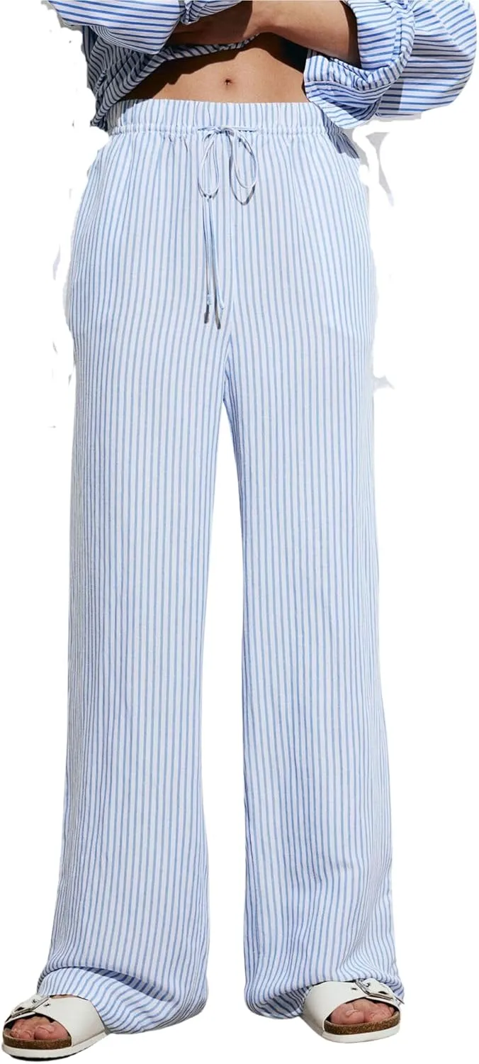 yoeasy Women's Striped Elastic Waist Drawstring Wide Leg Pants Pinstripe High Waisted Pockets Trousers