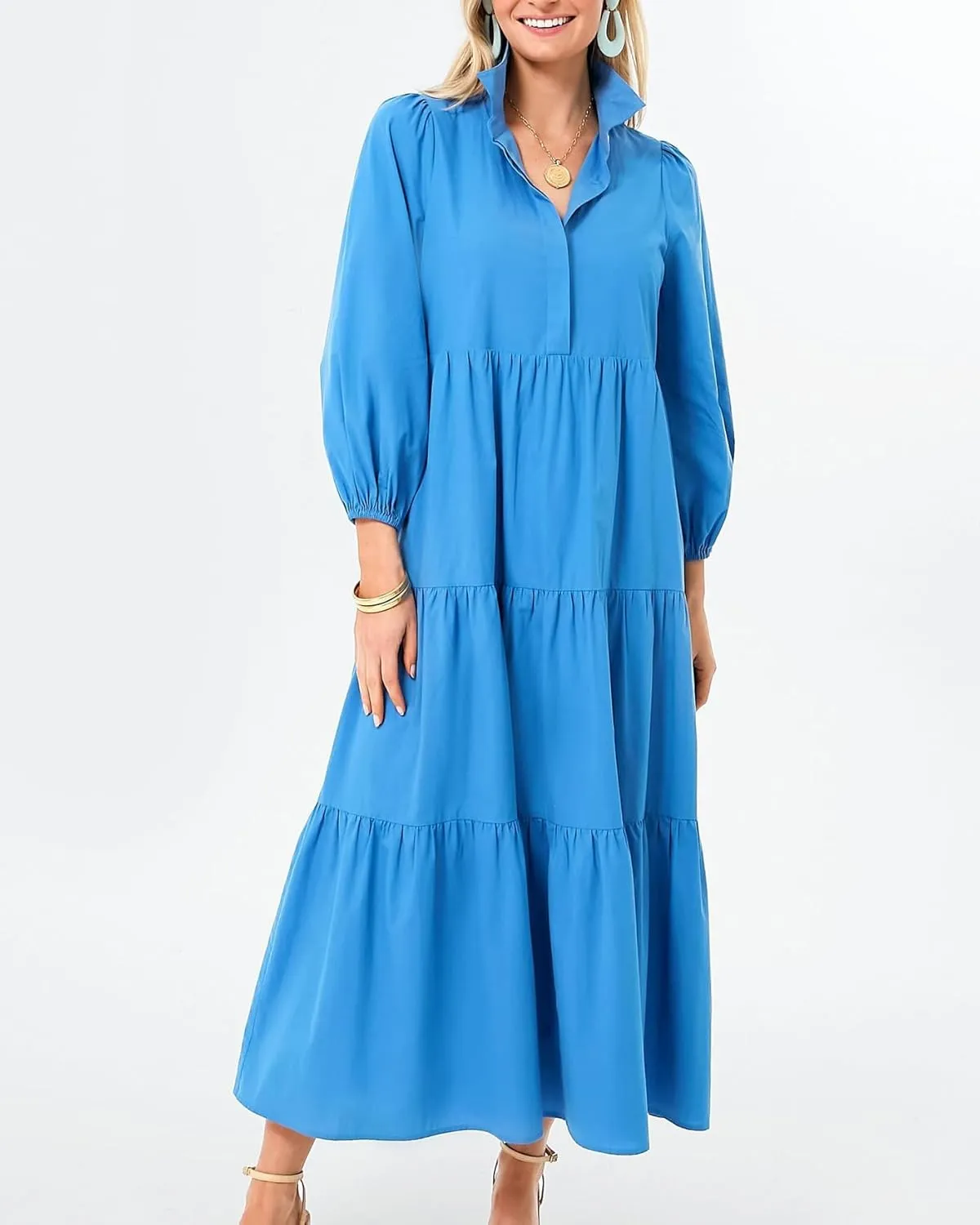 Yoolin Women Flowy Maxi Dresses Casual V Neck Smocked Tiered Babydoll Sundress Beach Long Skirt with Pockets