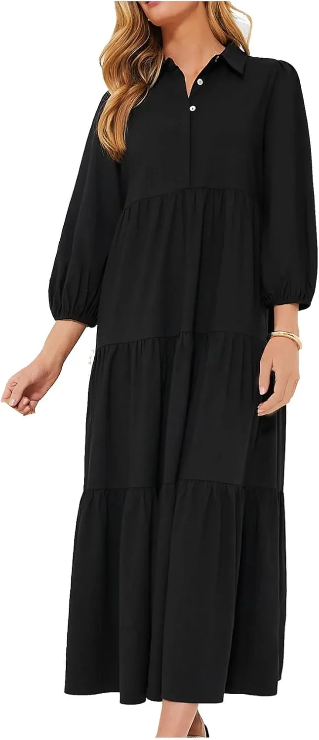 Yoolin Women Flowy Maxi Dresses Casual V Neck Smocked Tiered Babydoll Sundress Beach Long Skirt with Pockets