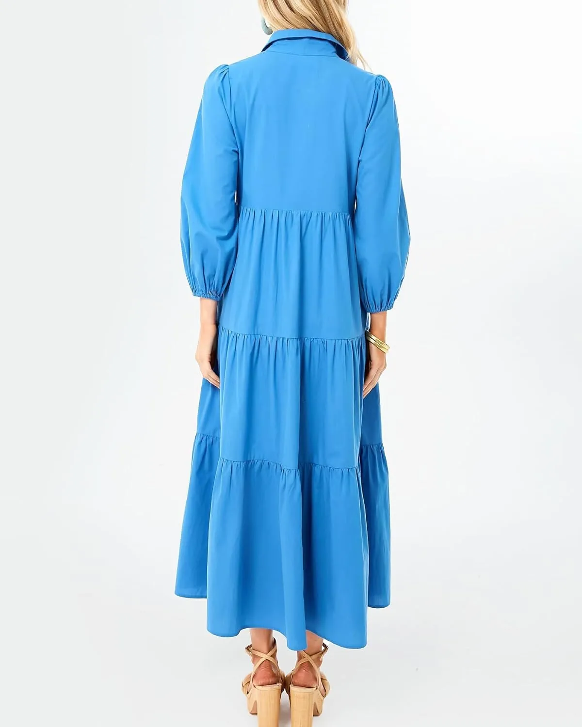 Yoolin Women Flowy Maxi Dresses Casual V Neck Smocked Tiered Babydoll Sundress Beach Long Skirt with Pockets