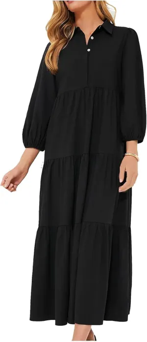 Yoolin Women Flowy Maxi Dresses Casual V Neck Smocked Tiered Babydoll Sundress Beach Long Skirt with Pockets