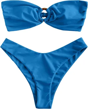 ZAFUL Women's Bandeau Bikini O Ring Strapless Tie Back High Cut Two Piece Swimsuit Bathing Suits