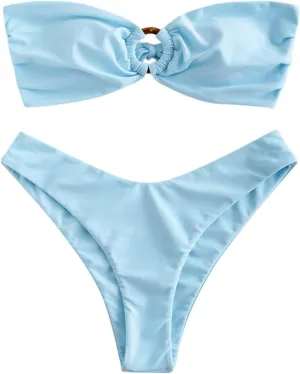 ZAFUL Women's Bandeau Bikini O Ring Strapless Tie Back High Cut Two Piece Swimsuit Bathing Suits