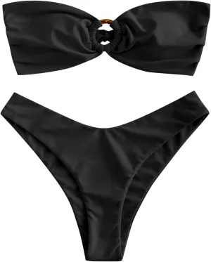 ZAFUL Women's Bandeau Bikini O Ring Strapless Tie Back High Cut Two Piece Swimsuit Bathing Suits