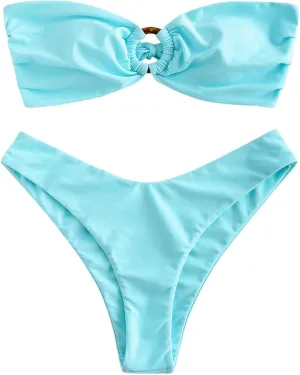 ZAFUL Women's Bandeau Bikini O Ring Strapless Tie Back High Cut Two Piece Swimsuit Bathing Suits