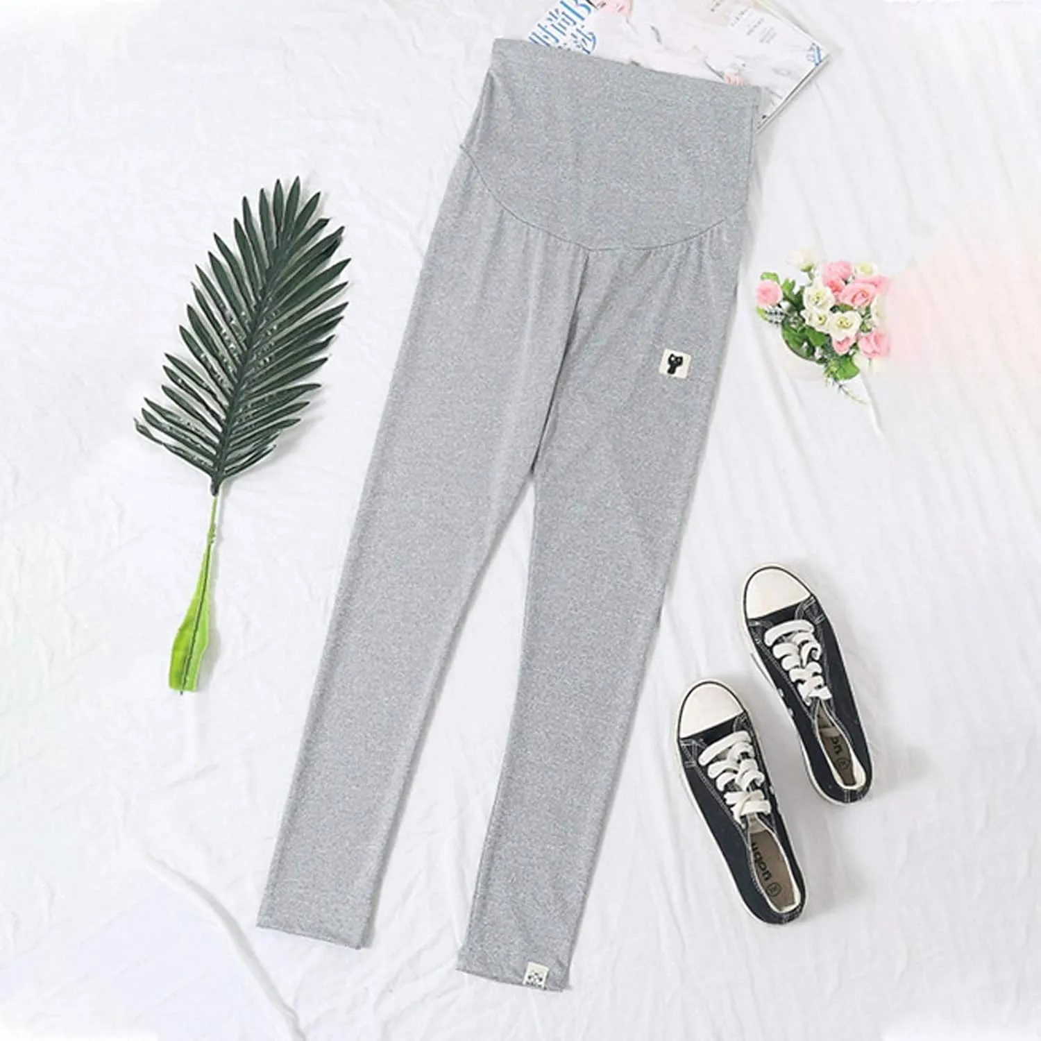 Zkuisw Yoga Pants Women High Elastic Waist Solid Color Maternity Pants Casual Adjustable Stretch Yoga Leggings Trousers