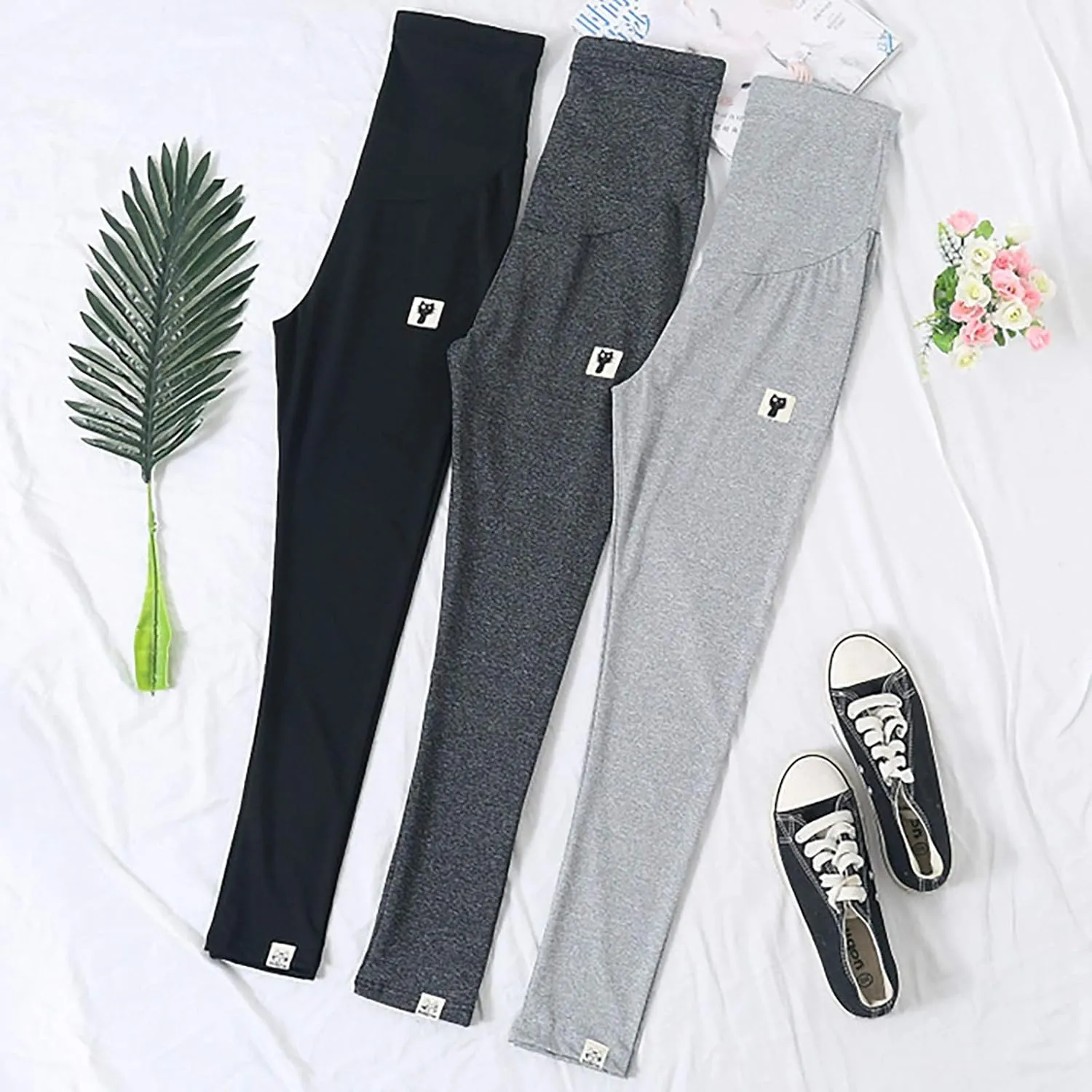 Zkuisw Yoga Pants Women High Elastic Waist Solid Color Maternity Pants Casual Adjustable Stretch Yoga Leggings Trousers