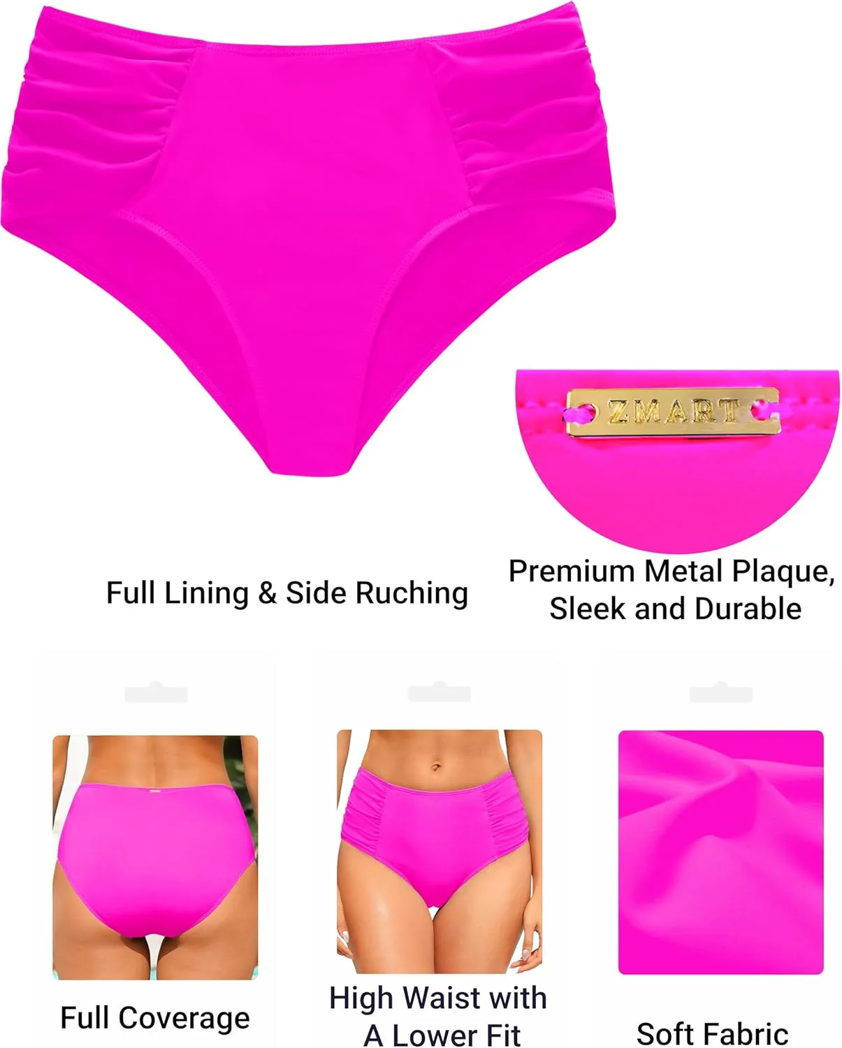 Zmart Women High Waist Bikini Bottoms - Full Coverage Ruched Bathing Suit Swim Bottom Swimsuits Swimwear